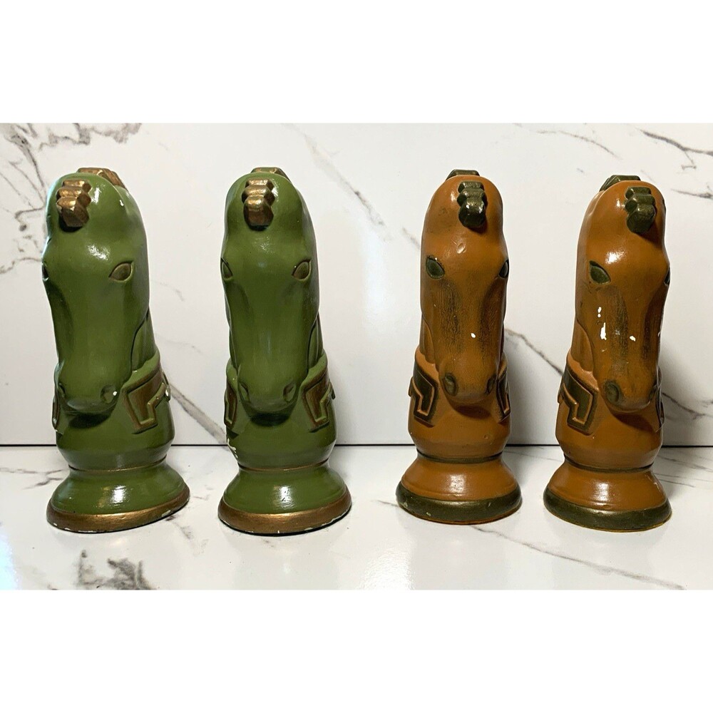 Oversized VTG Ceramic Horse Head Chess Knights Figurines Set of 4 Green Brown 6”